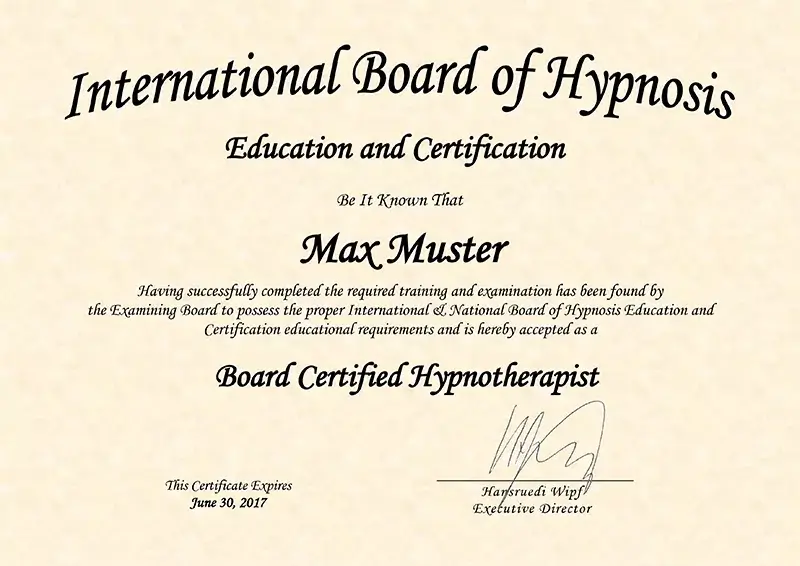 Hypnosetherapie Ausbildung, Zertifikat IBHEC